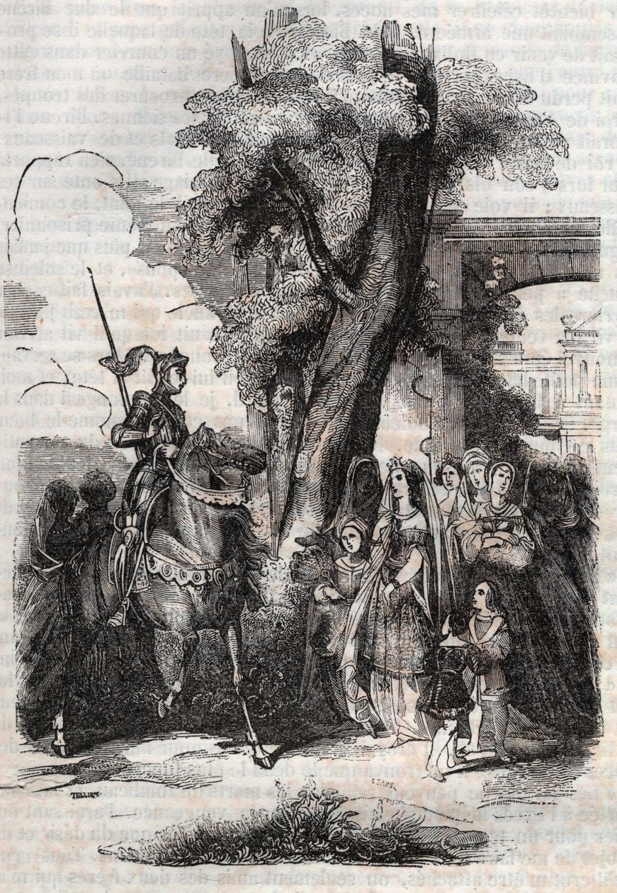 Alcina en haar hof komen Ruggiero begroeten - gravure van 1851 uit het gedicht Orlando furioso (1516) door Ludovico Ariosto - Editie vertaald uit het Italiaans door de Graaf van Tressan en uitgegeven door Gustave Harvard 1851 door Unknown artist