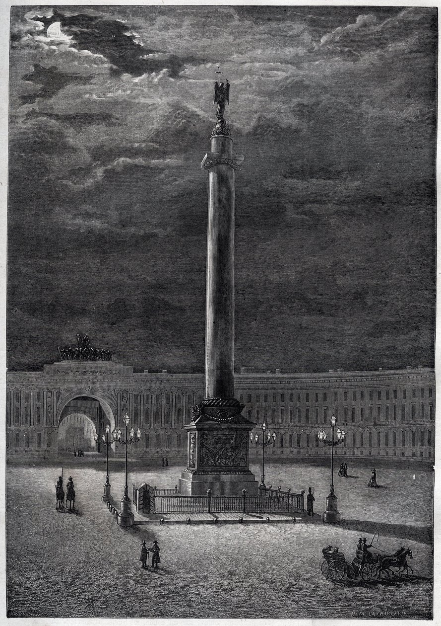 Alexanderzuil in Sint-Petersburg, Rusland - gravure uit 1870 door Unknown artist