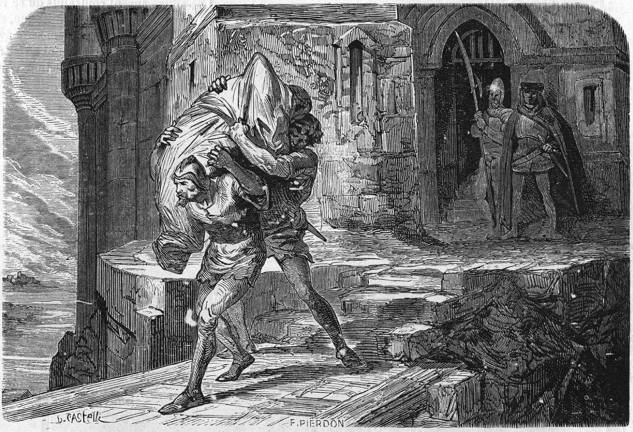 Alexander, koning en bastaard van Bourbon werd in een zak genaaid en in de zonsopgang gegooid om het te vervangen door de dolfijn, de toekomstige Lodewijk XI. Gravure van de 19e eeuw door Unknown artist