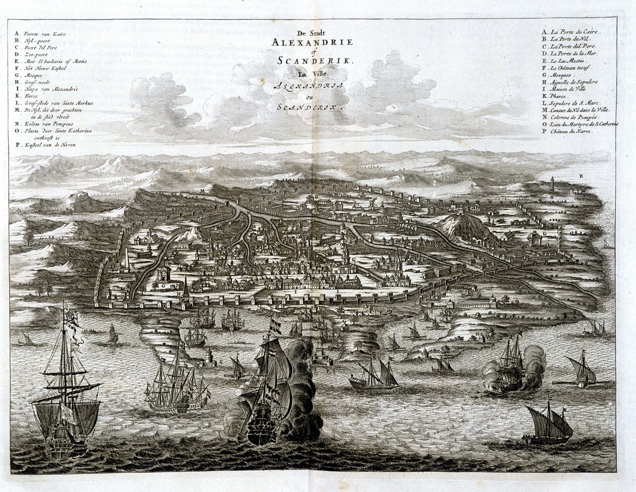 Zeezicht van Alexandrië - gravure door Dapper door Unknown artist