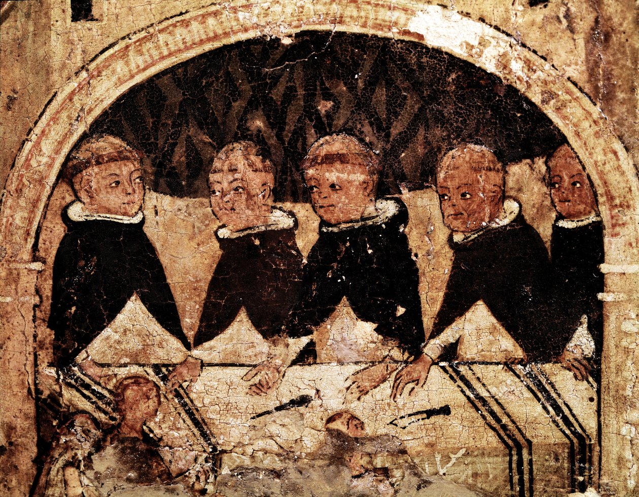 Altaarstuk van het leven van Sint Dominicus van Guzman, oprichter van de Dominicaanse Orde: groep Dominicaanse monniken aan tafel door Unknown artist