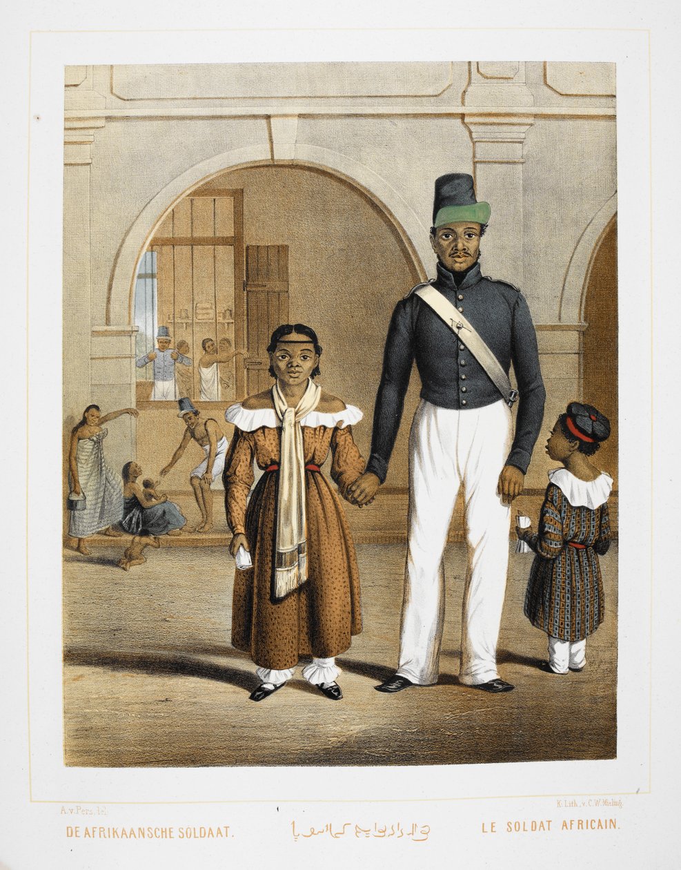 Een Afrikaanse soldaat met zijn gezin. Inwoners van Indonesië. door Unknown artist