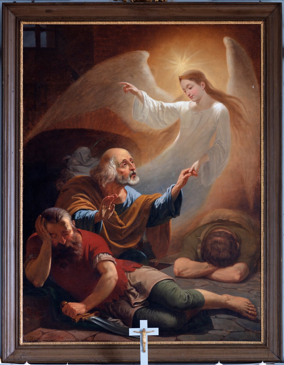 Een engel bevrijdt Sint-Pieter uit de gevangenis, getekend door F. Devigne (?) door Unknown artist