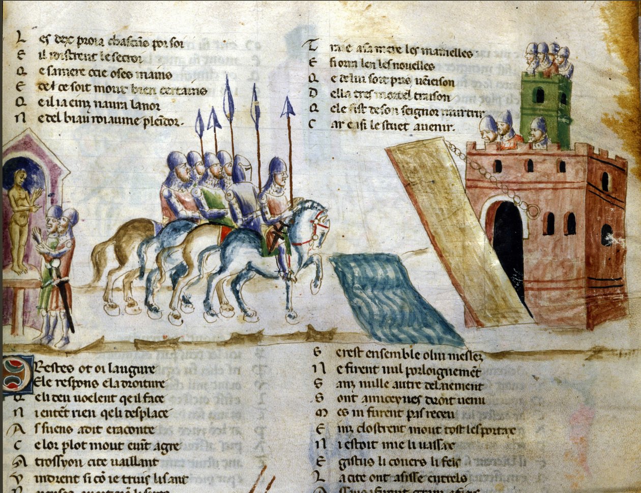Een leger nadert een kasteel. Miniatuur van de “Roman de Troy” door Benoit de Sainte Maure. 14e eeuw, Biblioteca Marciana, Venetië door Unknown artist
