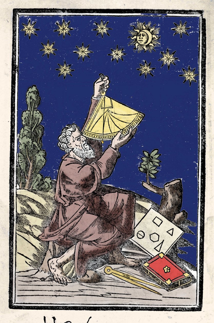Een astronoom die berekeningen maakt met een sextant tijdens een zonsverduistering. Gravure uit de 16e eeuw door Unknown artist