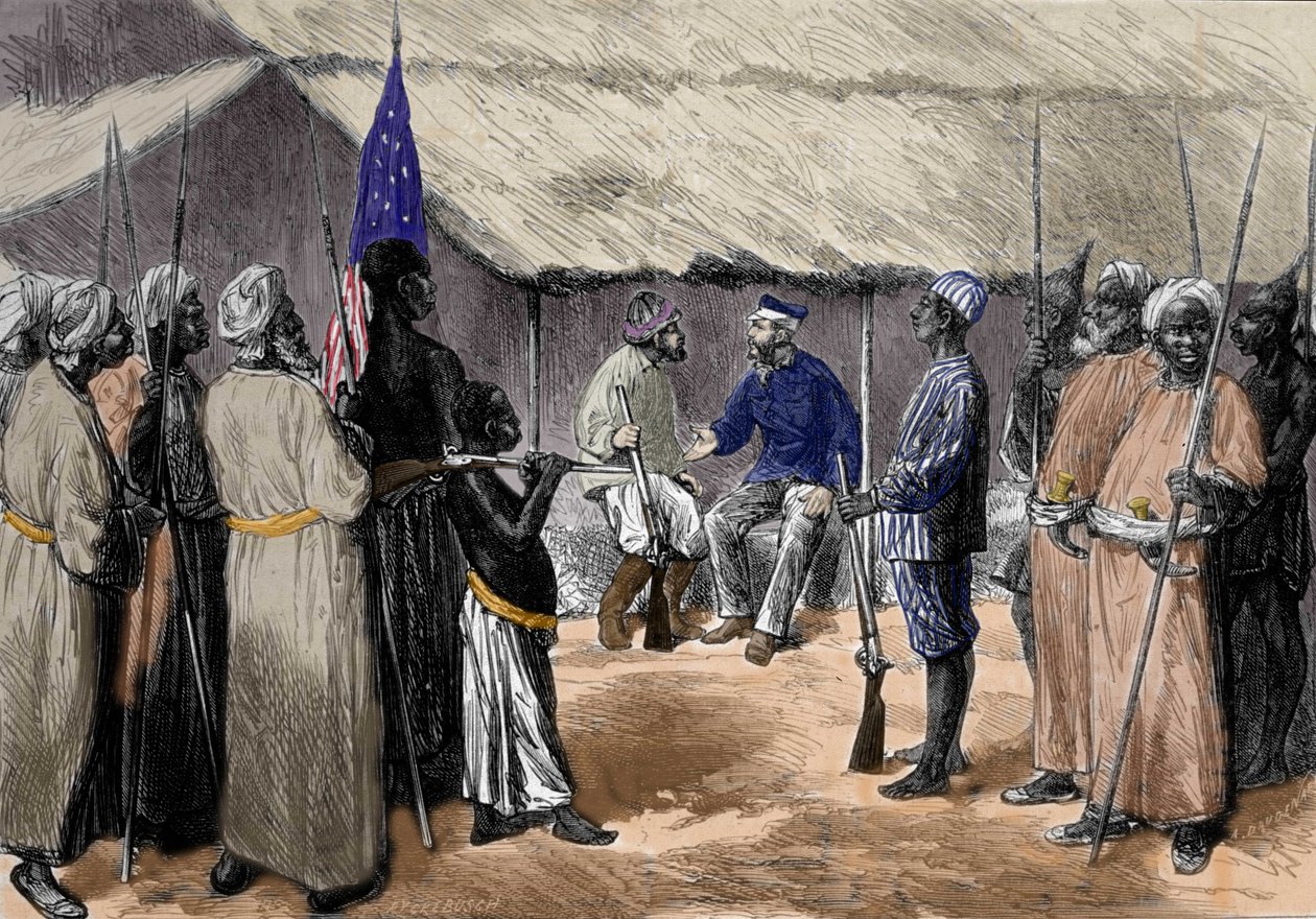 Een ontmoeting tussen David Livingstone (1813-1873), een Engelse missionaris en ontdekkingsreiziger van Afrika, en Henry Morton Stanley, Welshe journalist en ontdekkingsreiziger van Afrika (1841-1904) in een dorp in Centraal-Afrika. door Unknown artist