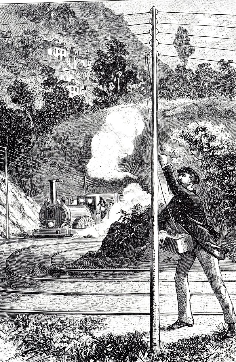 Een gravure die een treinwerker uitbeeldt die een noodsignaal verzendt op een spoorwegtelegraaf door Unknown artist