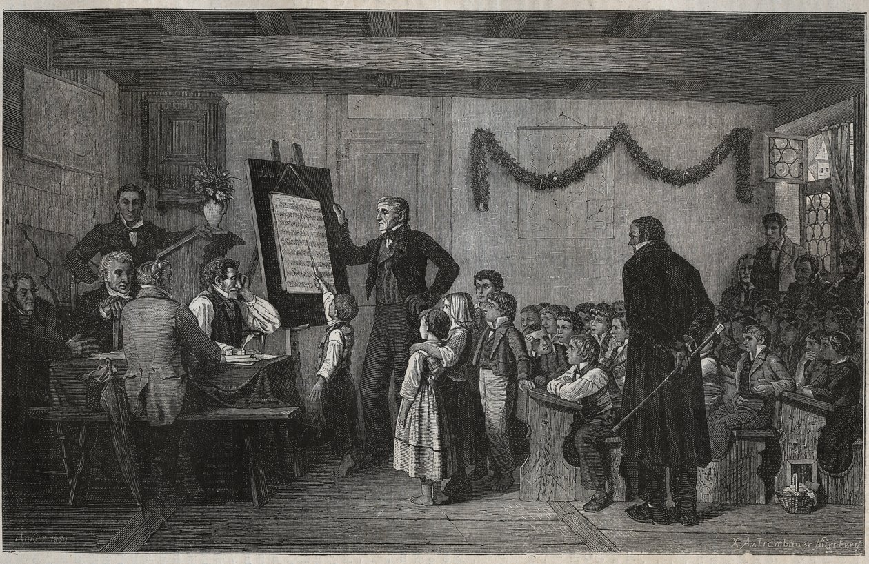Een examen sessie op een Zwitserse school - gravure in 