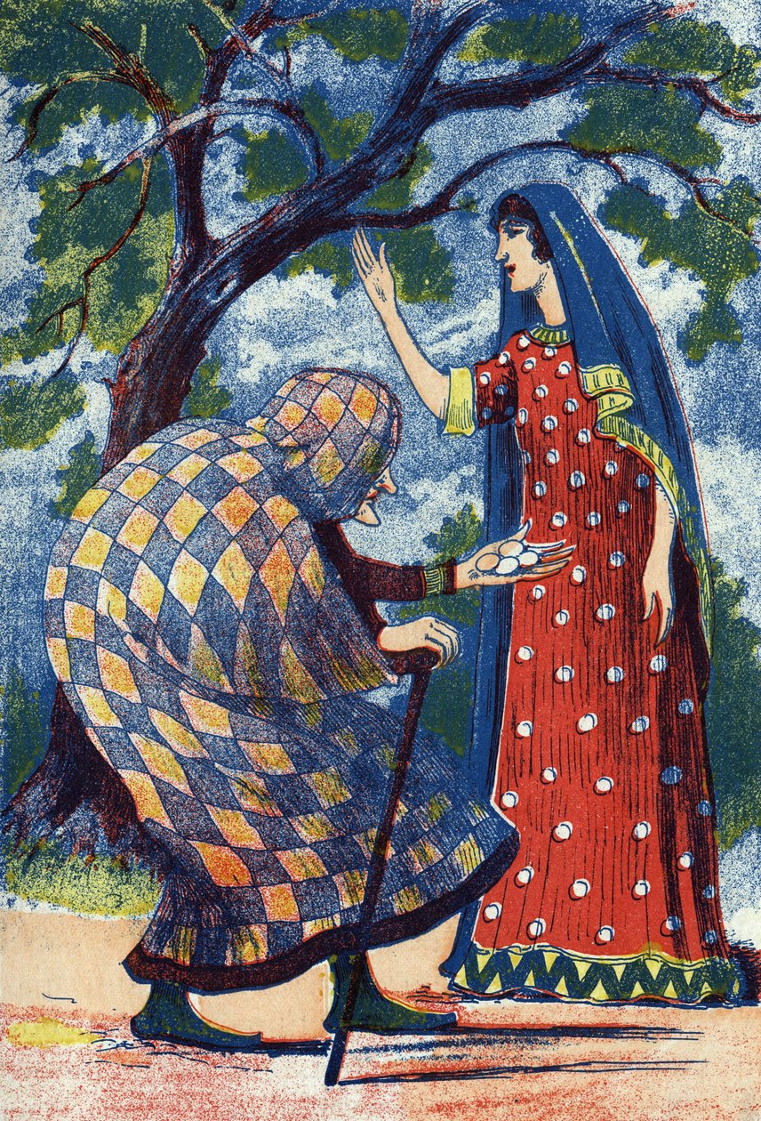 Een oude dame geeft vier eieren aan Florine. Anonieme illustratie voor het verhaal 