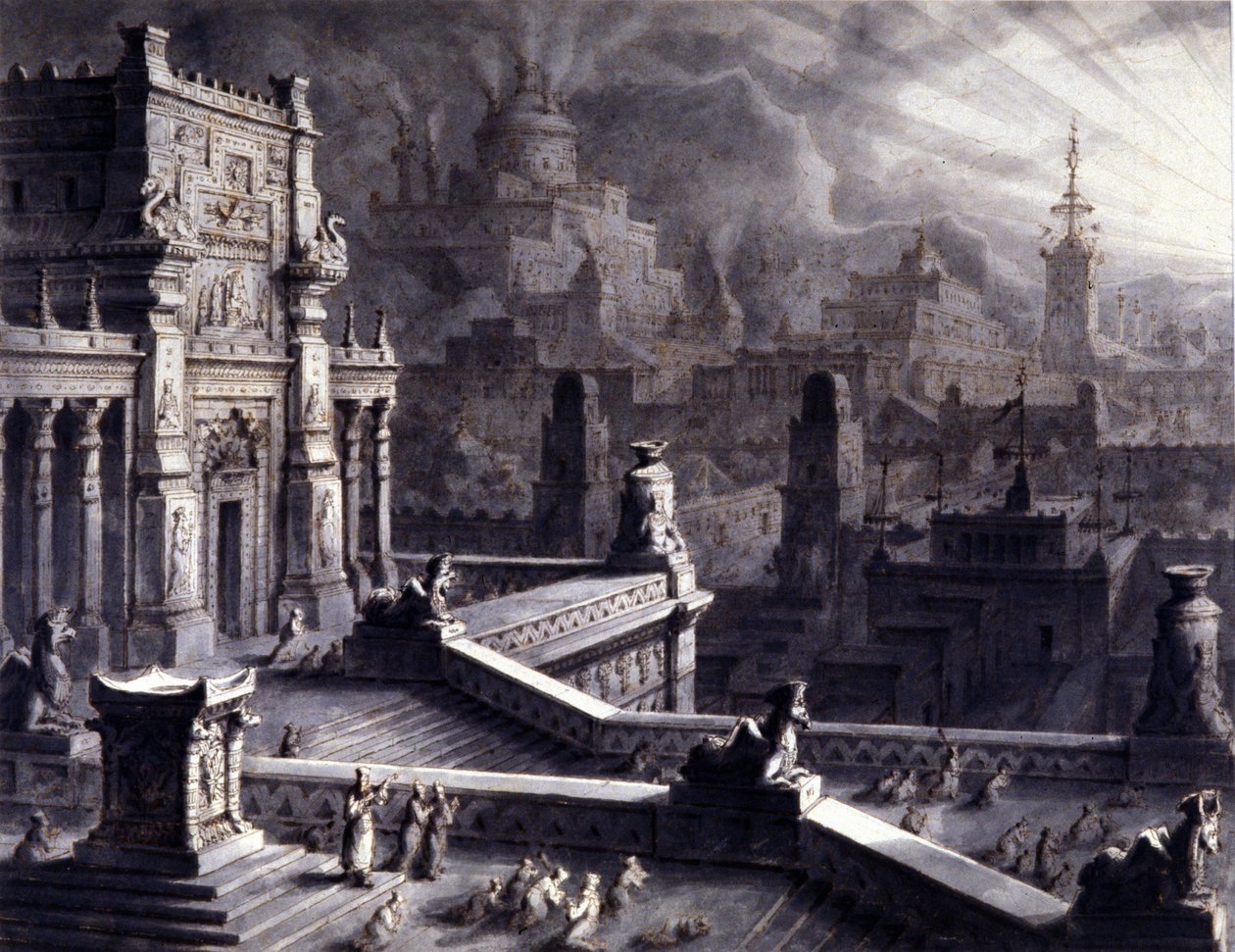 Oude stad Persepolis in het Perzische Achaemenidische Rijk, gesticht door Darios I in de 6e eeuw v.Chr. Het werd geplunderd en verbrand door Alexander de Grote in 331 v.Chr. 19e-eeuwse illustratie. door Unknown artist