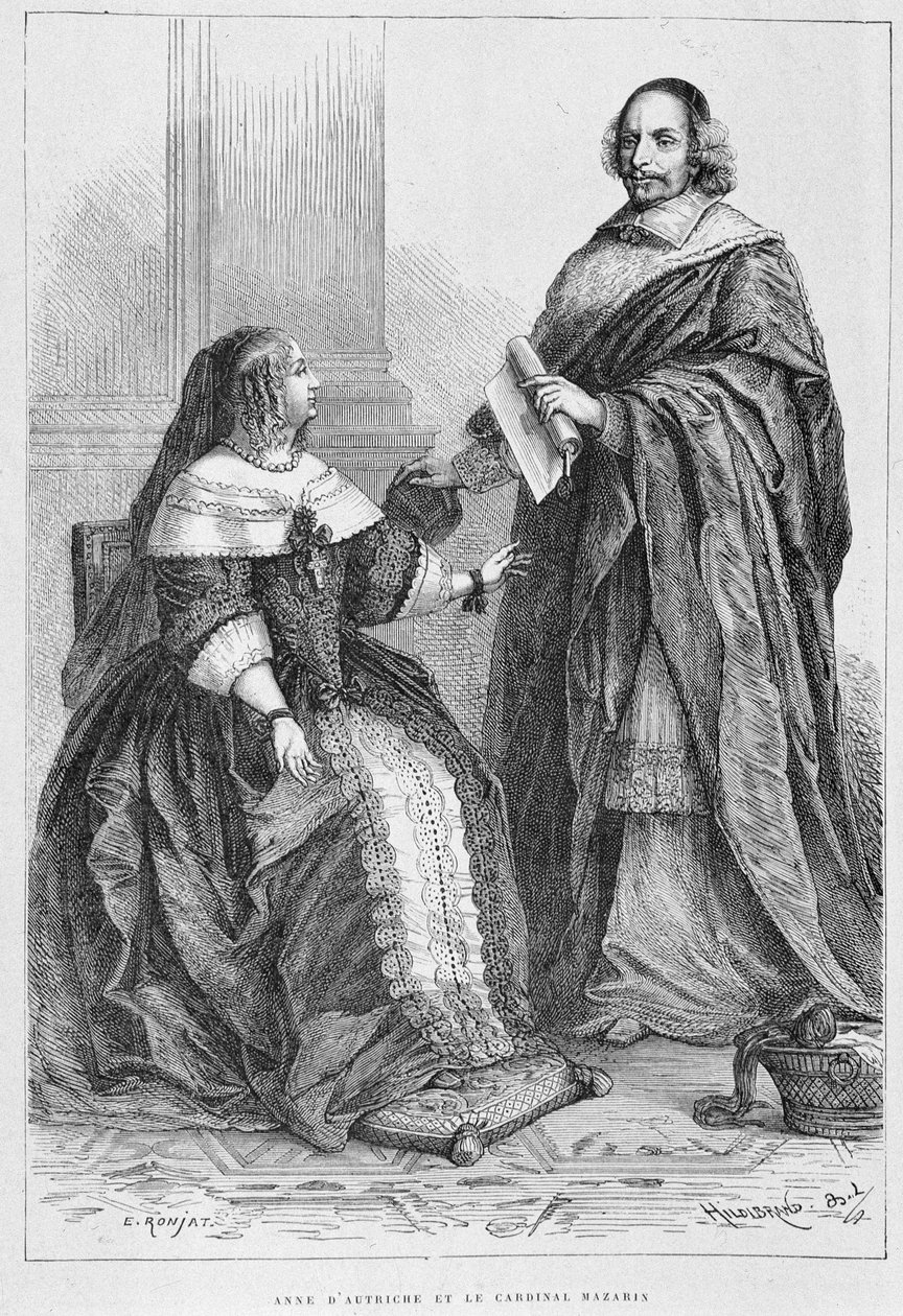 Anna van Oostenrijk en kardinaal Jules Mazarin (Giulio Raimondo Mazzarino of Mazarino) (1602-1661) - Grav., in Histoire de France van de vroegste tijden tot 1789 door M. Guizot door Unknown artist