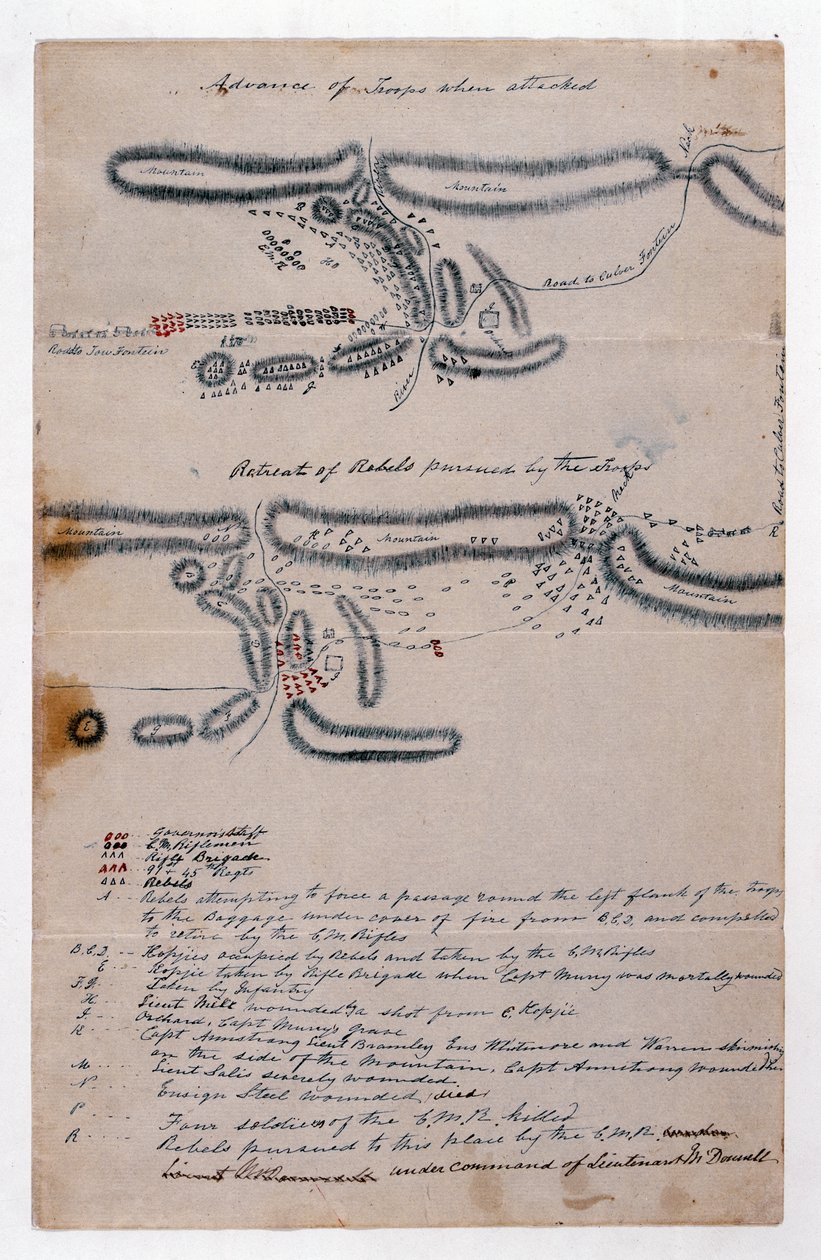 Aantekeningen schetskaart van de Slag bij Boomplaats, 29 augustus 1848 door Unknown artist