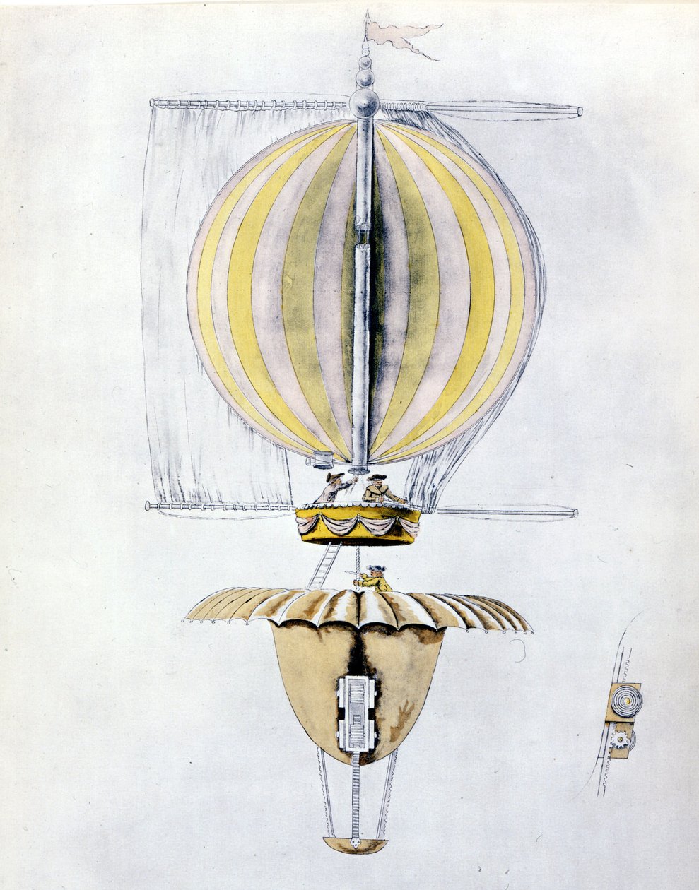 Anonieme tekening van een luchtschipballon met een kegelvormige parachute door Unknown artist