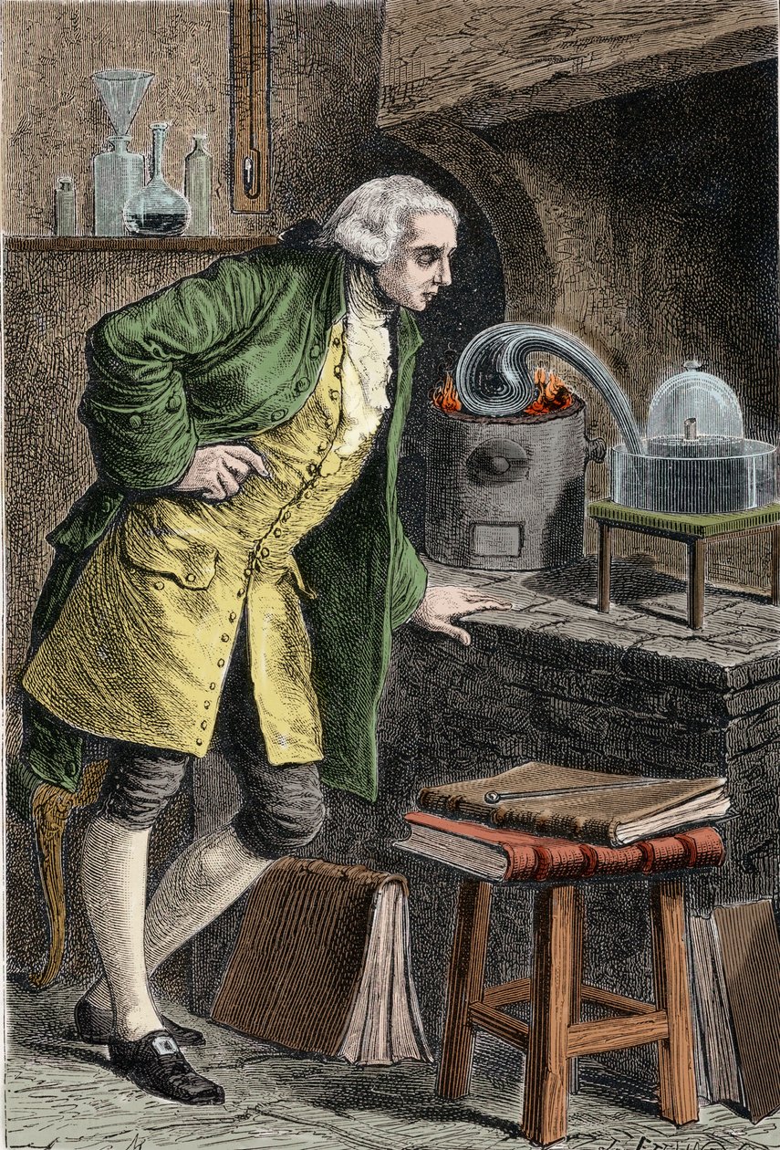Antoine Laurent Lavoisier (1743-1894) Franse chemicus, onderzoek naar het bestaan van zuurstof in de lucht: experiment waarin hij kwikoxide verkreeg door Unknown artist