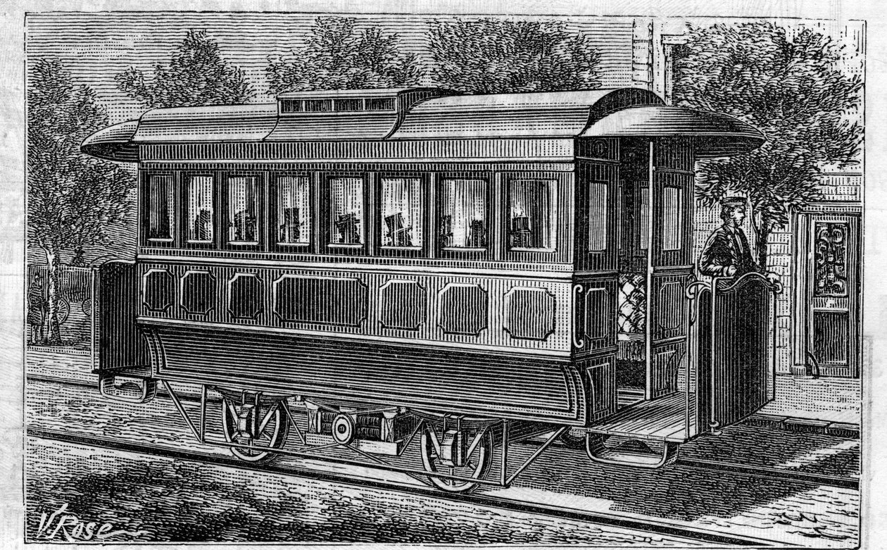 Toepassing van Faure-batterijen: Elektrische tram, model van het bedrijf Omnibus, aangedreven door batterijen. Gravure in Le Monde Illustré door Unknown artist