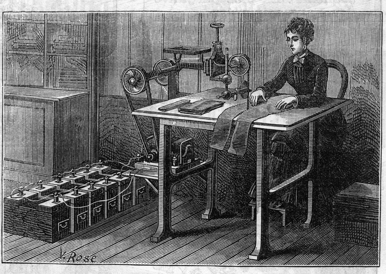 Toepassing van Faure-batterijen: snijmachine voor stof aangedreven door de accumulator. Gravure in 