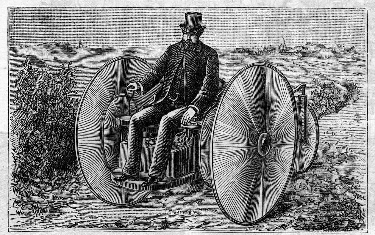 Toepassing van Faure-batterijen: elektrische driewieler die door de accumulator beweegt. Gravure in 
