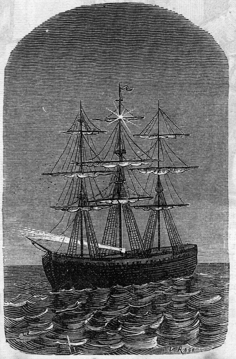 Toepassing van Faure-batterijen: schip op volle zee verlicht door elektriciteit. Gravure in "Le Monde Illustré" door Unknown artist