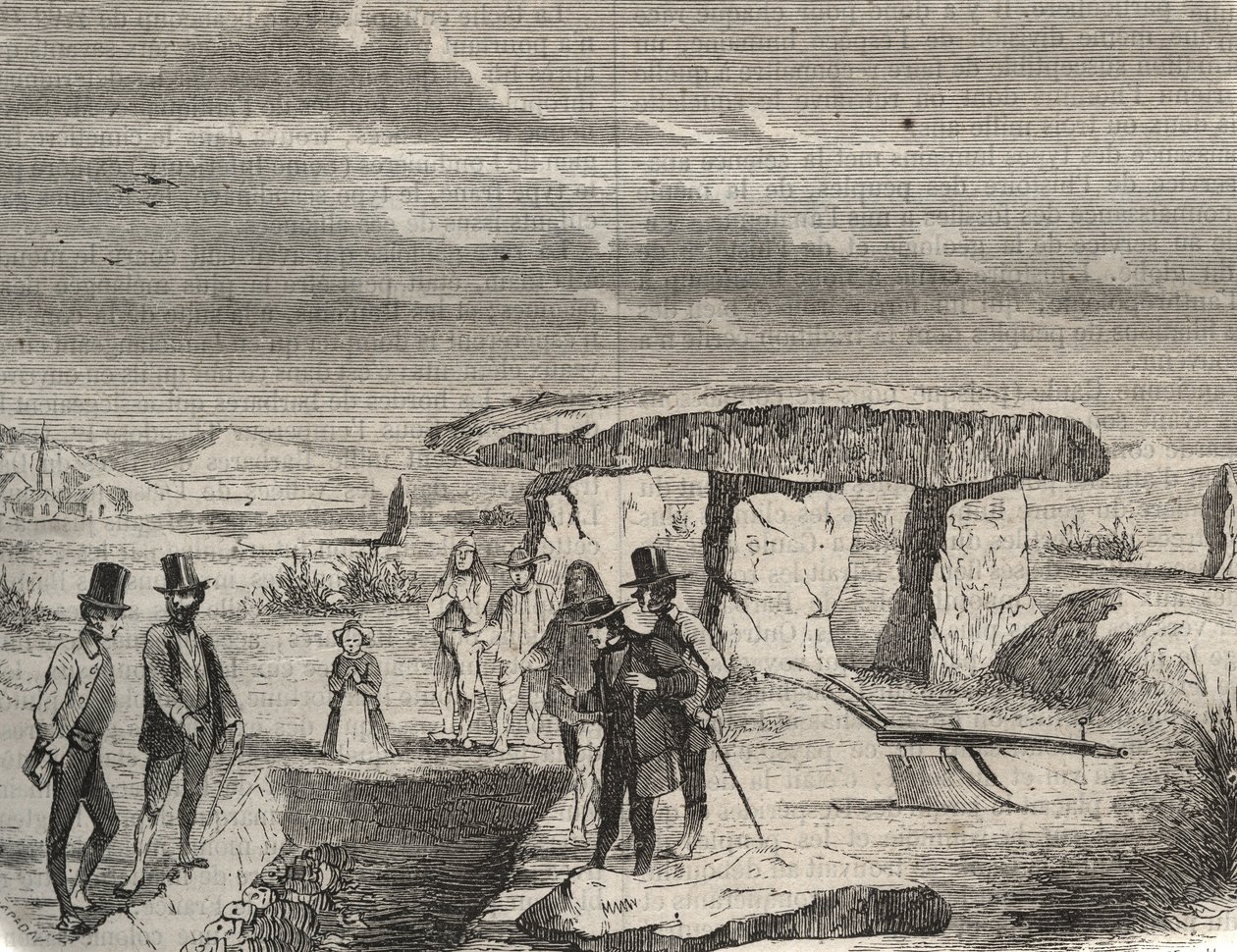 Archeologische opgravingen: ontdekking van Gallische graven nabij de Dolmen de la Pierre aux Fées in de Oise. Gravure uit 1856 in 