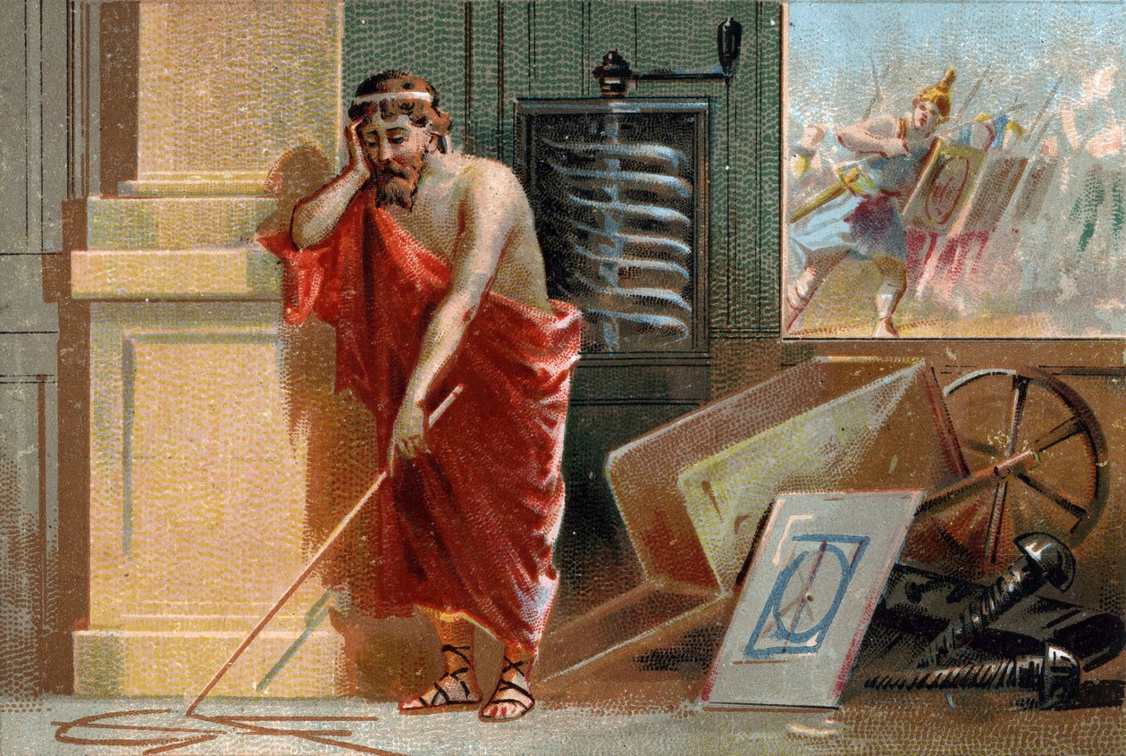 Archimedes van Syracuse (287-212 v.Chr.) tekent geometrische vormen op de grond, binnenkort gestopt door Romeinse soldaten op de achtergrond. In zijn werkplaats kan men zijn verschillende uitvindingen herkennen: de schroef en de kruiwagen. Chromolithografi door Unknown artist