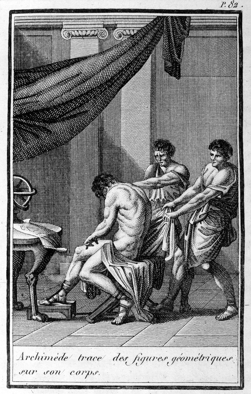 Archimedes tekent geometrische figuren op zijn lichaam door Unknown artist