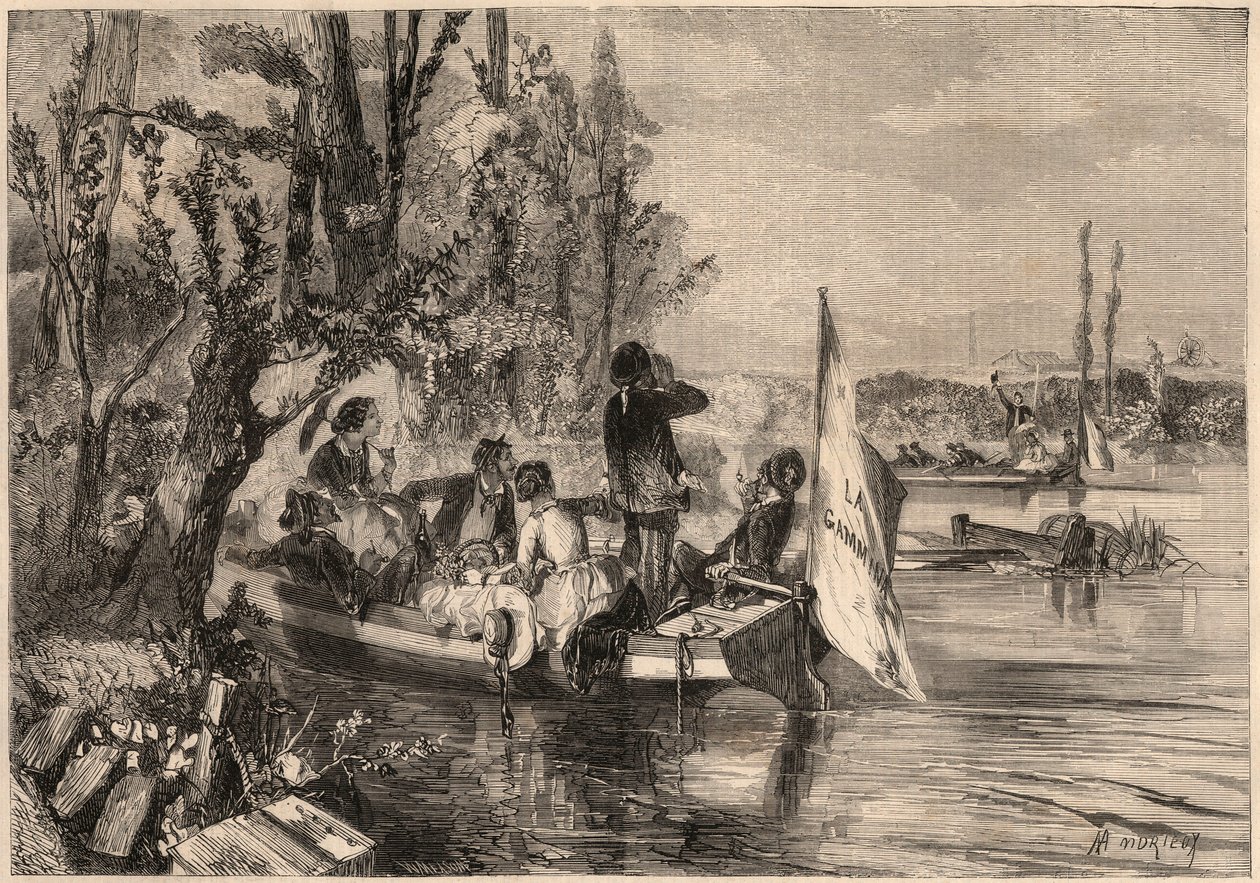 Rond Parijs in 1857. De kanoërs in Asnières. Gravure in 