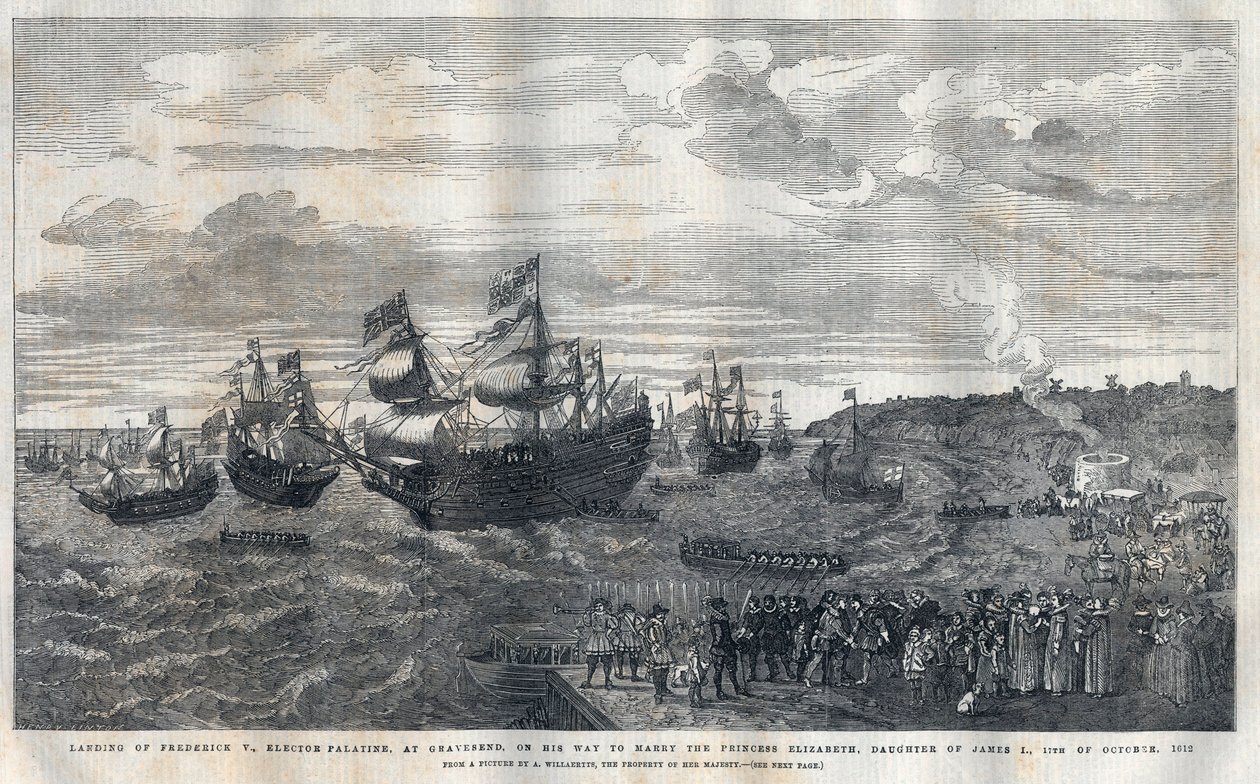 Aankomst van Frederik V van de Palts (1596-1632) in de haven van Gravesend om te trouwen met Prinses Elisabeth van Engeland (1596-1662), dochter van Koning James I (1566-1625) op 16 oktober 1612. Hij werd verwelkomd door James Hay (1e Graaf van Carlisle) ( door Unknown artist