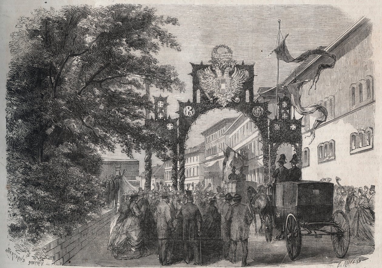 Aankomst van keizerin Elisabeth van Oostenrijk (Sissi) in Bad Kissingen (Spa) in 1865 (gravure in 