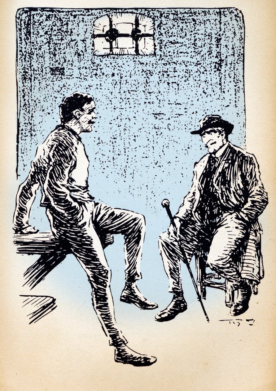 "Arsene Lupin in de gevangenis bespreekt met inspecteur Ganimard" door Unknown Artist