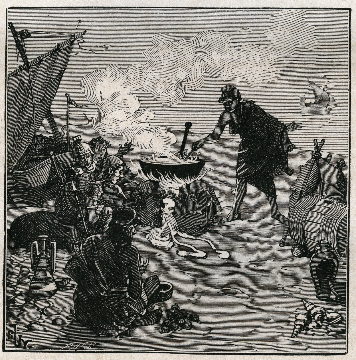 De kunst van glas: ontdekking van vitrificatie volgens Plinius de Oudere (23-79 AD). In de oudheid strandden handelaren op een strandvuur met Kali-planten tussen de brandstoffen. Deze planten leveren voldoende soda om glas te produceren door te mengen met  door Unknown artist