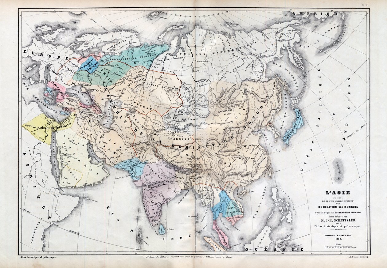 Azië ten tijde van de grootste omvang van de Mongoolse overheersing onder het bewind van Qubilai (Kubilai Khan) (1260-1294) - Kaart voorbereid door M J-H Schnitzler, Historisch en Pittoresk Atlas 1857 door Unknown artist