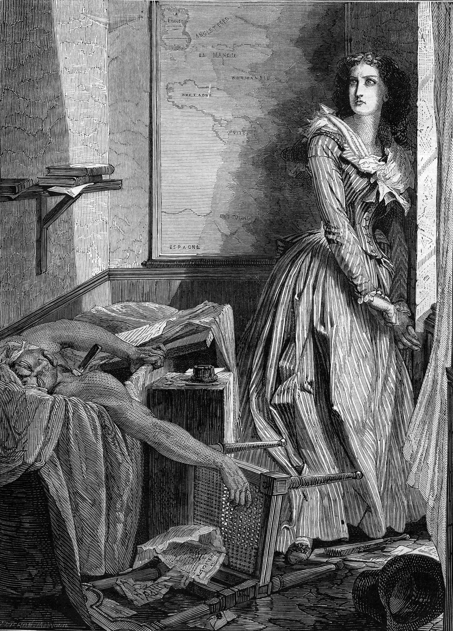 Moord op Jean Paul Marat (1743-1793) door Charlotte Corday (1768-1793), op 13 juli 1793 in Parijs. Gravure uit 1860. door Unknown artist