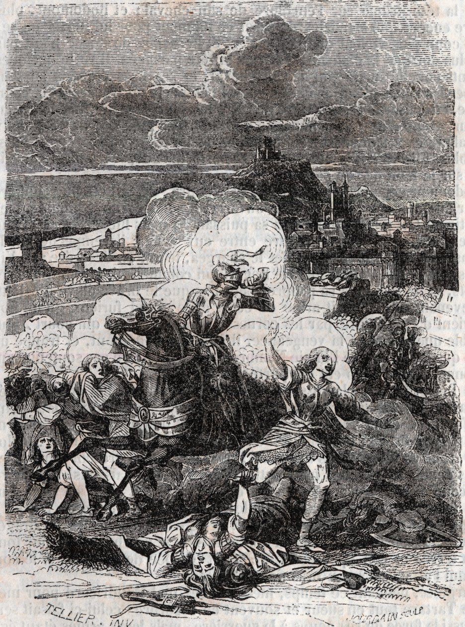 Astolphe laat moordende vrouwen vluchten - gravure uit 1851 van 