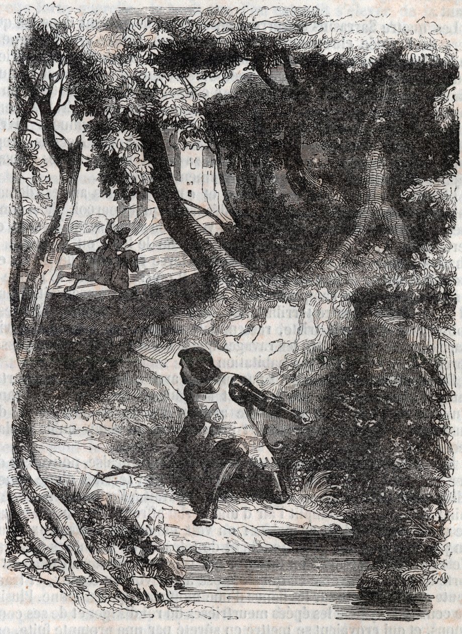 Astolphe aan de rand van een fontein - gravure uit 1851 van 