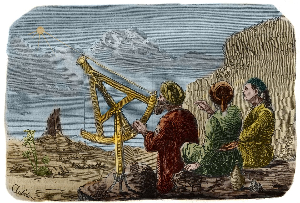 Astronomie: Arabische wetenschappers meten de hoogte van de zon in de Vlakte van Babylon rond 825. Ze gebruiken een kwartcirkel met pinnules. Gravure uit 1857 in 