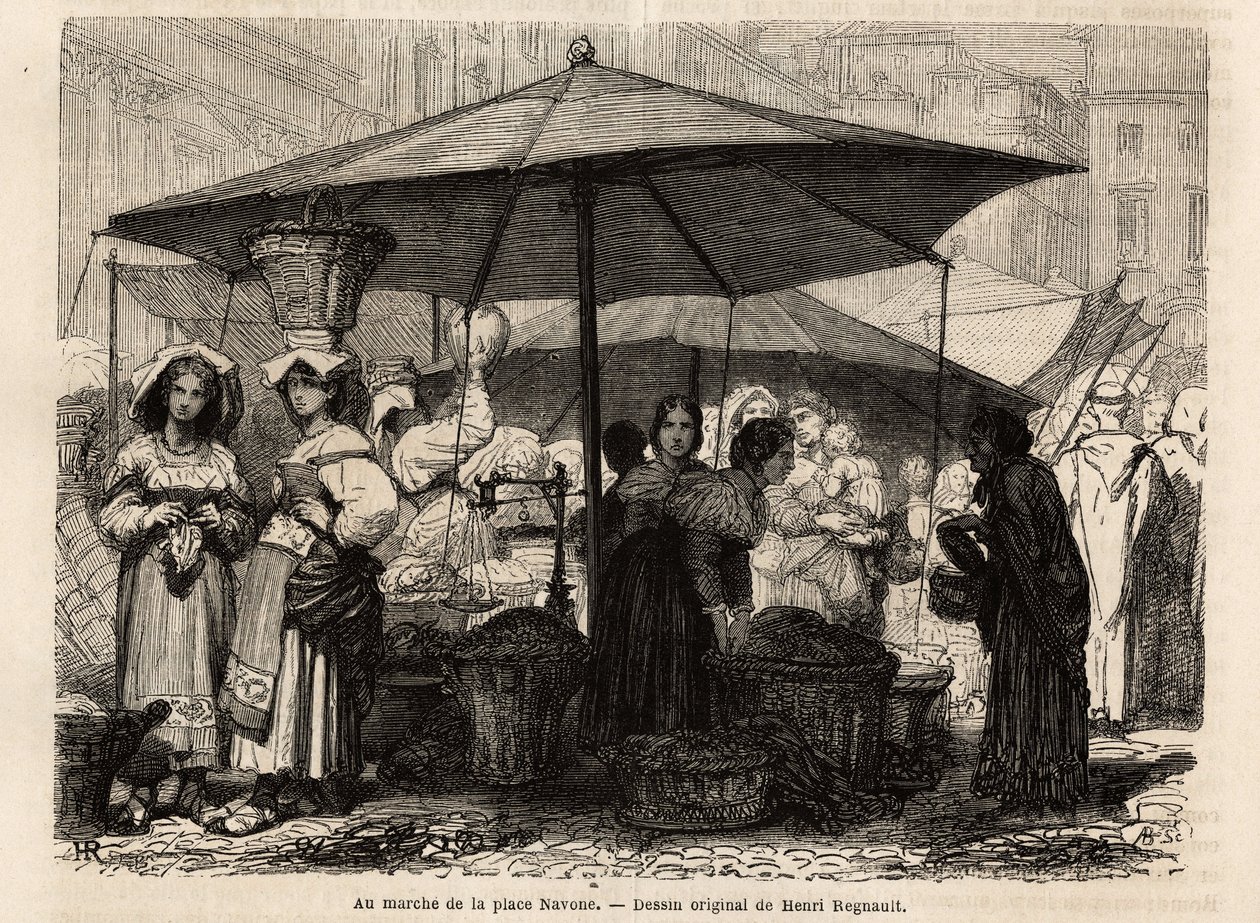 Aan de voet van Piazza Navona, Rome (Italië). Gravure ter illustratie van de reis naar Rome, door Francis Wey, in 1864-1868, gepubliceerd in Le tour du monde, nouveau journal des voyages, onder redactie van Edouard Charton door Unknown artist
