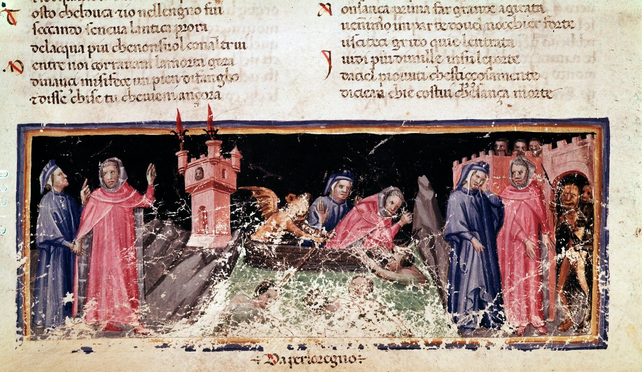 Links staan Dante en Virgil aan de oever van de rivier Styx, de sombere oever van Acheron. In het midden veert Charon Dante en Virgil over, die er erg verontrust uitzien (lied 3 uit de Hel, in de Goddelijke Komedie) - miniatuur door Unknown artist