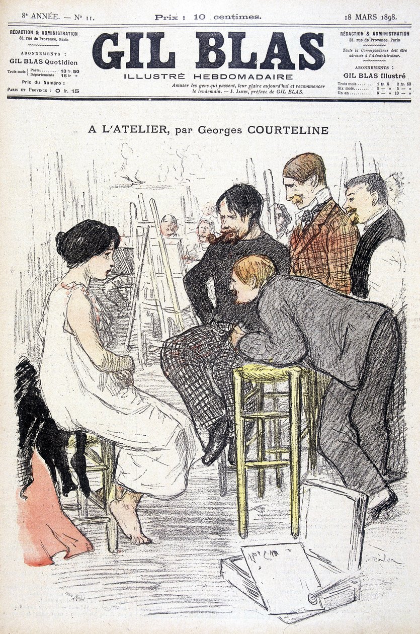 In het atelier door Georges Courteline. Man kijkt naar een vrouw die poseert in een atelier. In 