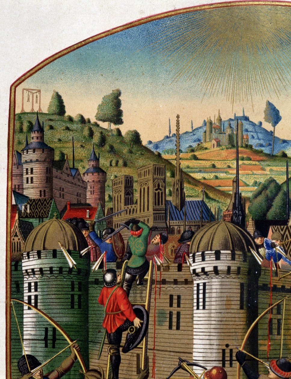 Aanval op het kasteel van Filips Augustus met uitzicht op Parijs en de galg van Montfaucon tijdens de 100-jarige oorlog, midden 15e eeuw (detail) door Unknown artist