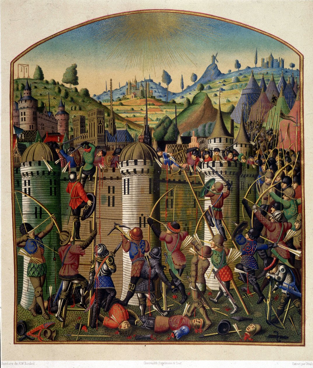 Aanval op het kasteel van Philippe Auguste met uitzicht op Parijs en de galg van Montfaucon tijdens de 100-jarige oorlog, midden 15e eeuw door Unknown artist