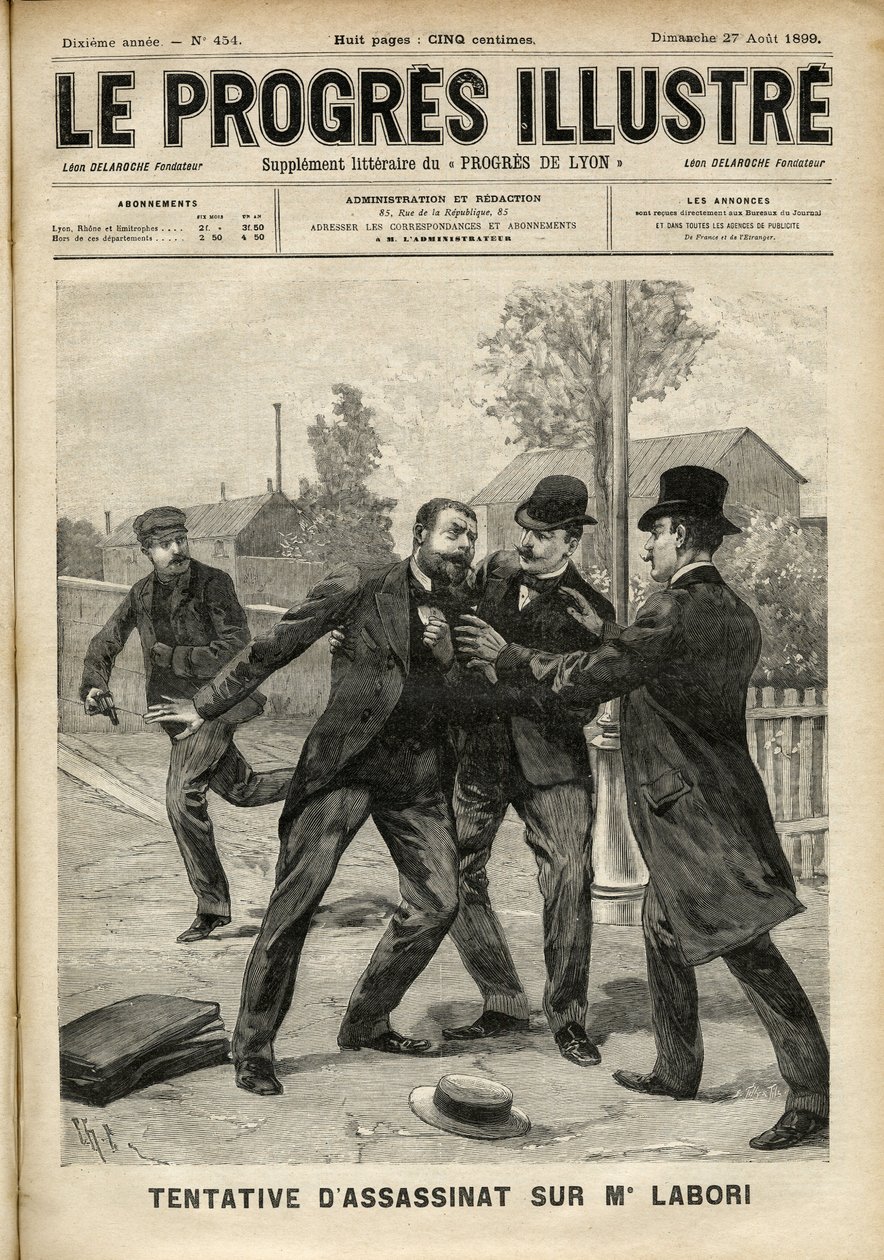 Aanval op Mr. Fernand Labori (1860-1917), advocaat in de verdediging van Alfred Dreyfus (1859-1935), geraakt door een kogel in de rug in Rennes terwijl hij op weg was naar de plaats waar de zaak werd berecht. Omslag van 