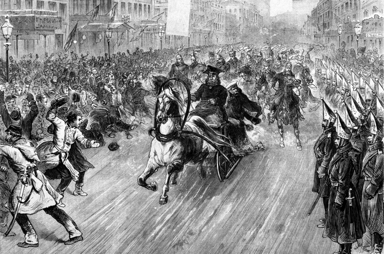 Aanslag op Tsaar Alexander II (1818 - 1881) in Sint-Petersburg in 1881. Illustratie uit de 19e eeuw. door Unknown artist