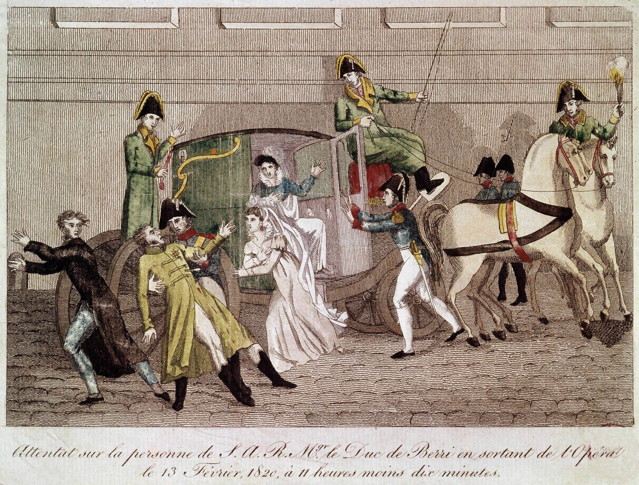 Aanval op de hertog van Berry door Louis Pierre Louvel bij het verlaten van de Opera op 13 februari 1820 (gravure 19e eeuw) door Unknown artist