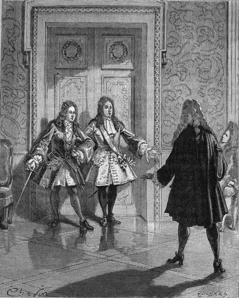 Augustus 1718: Saint Simon blokkeert de doorgang naar de hertog van Maine. Gravure uit de 19e eeuw. In 