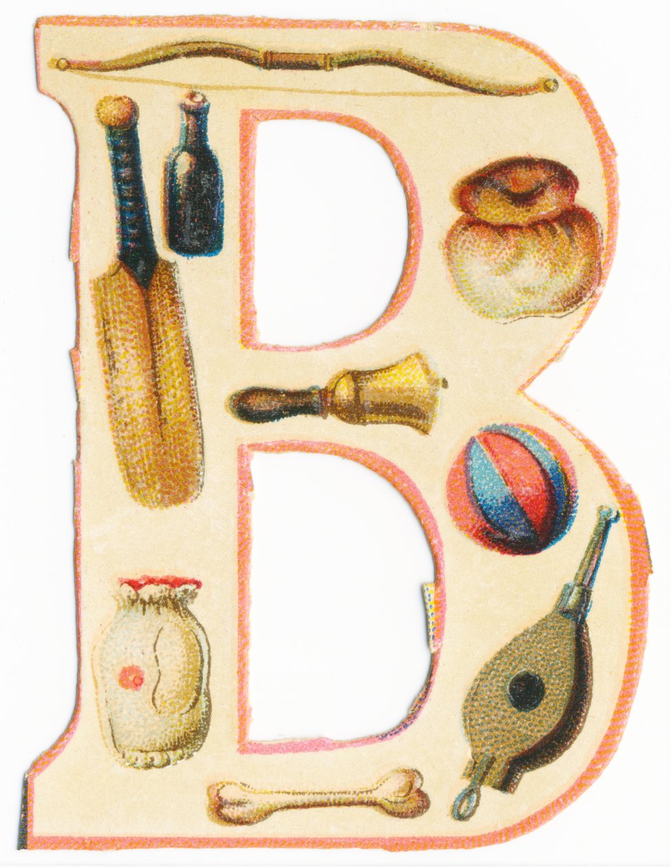 B: boog, honkbalknuppel, fles, brioche, bel, ballon, bot, tas, blaasbalg door Unknown artist