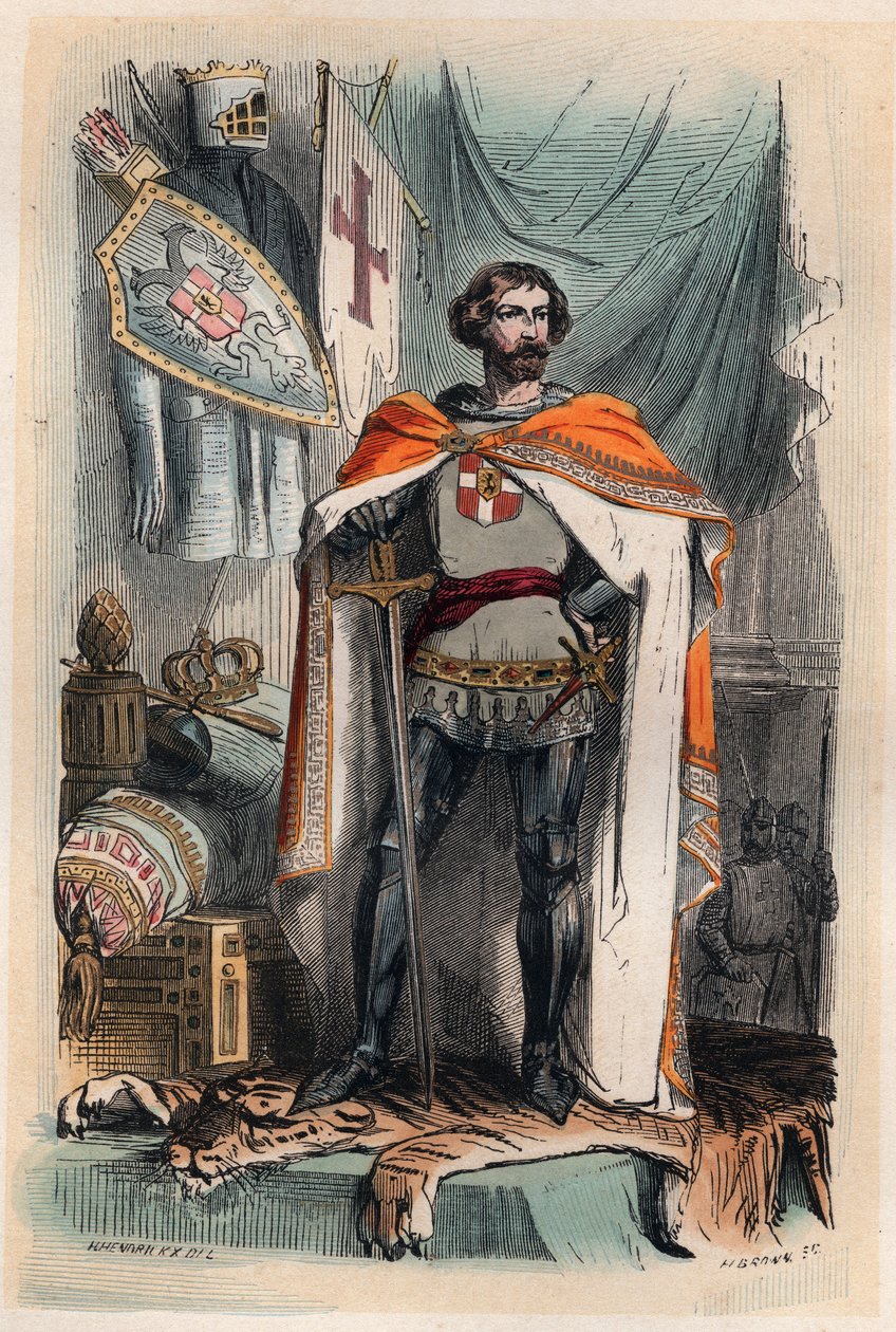 Boudewijn I van Constantinopel - Portret van Boudewijn I, Latijnse Keizer van het Oosten (1171-1206), werd Keizer van Constantinopel door deelname aan de Vierde Kruistocht. Ook bekend als Boudewijn IX van Vlaanderen (of Boudewijn VI van Henegouwen). Gravur door Unknown artist