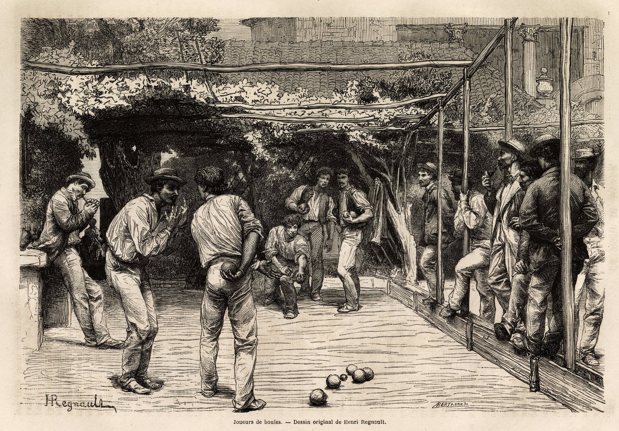 Balspelers in Rome (Italië). Gravure ter illustratie van de reis naar Rome, door Francis Wey, in 1864-1868, gepubliceerd in 
