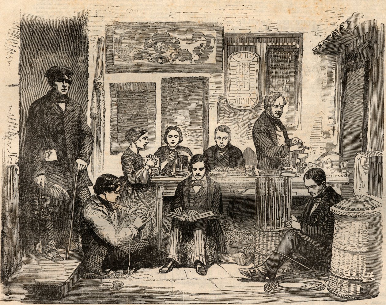Mandenvlecht- en leeswerkplaats voor blinden aan Euston Road in Londen, georganiseerd door de Vereniging ter Bevordering van het Algemeen Welzijn van Blinden. Gravure in 