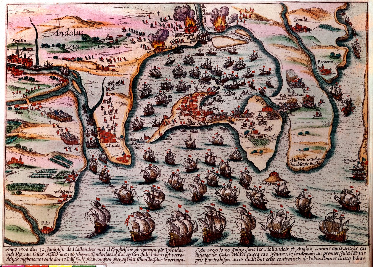 Slagplan van Cales Males (Spanje) op 30 juni 1596. De vloot van het Nederlandse en Engelse leger komt als vrienden binnen met 180 schepen. De volgende dag, 1 juli, verrast door verraad, moesten ze de stad met schaamte verlaten. Gravure door Unknown artist