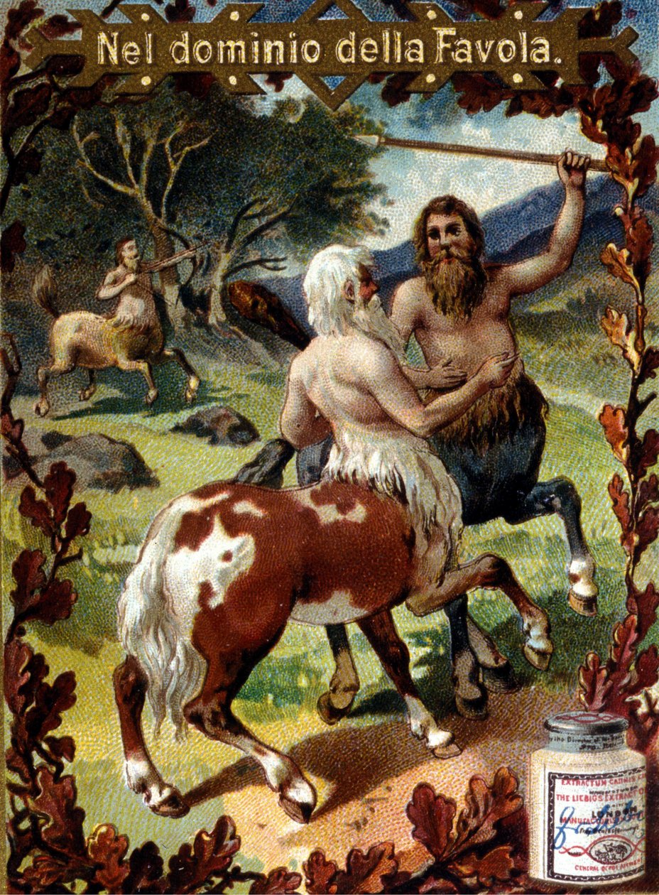 Strijd tussen centauren. Reclamevignet. Chromolithografie van het einde van de 19e eeuw door Unknown artist
